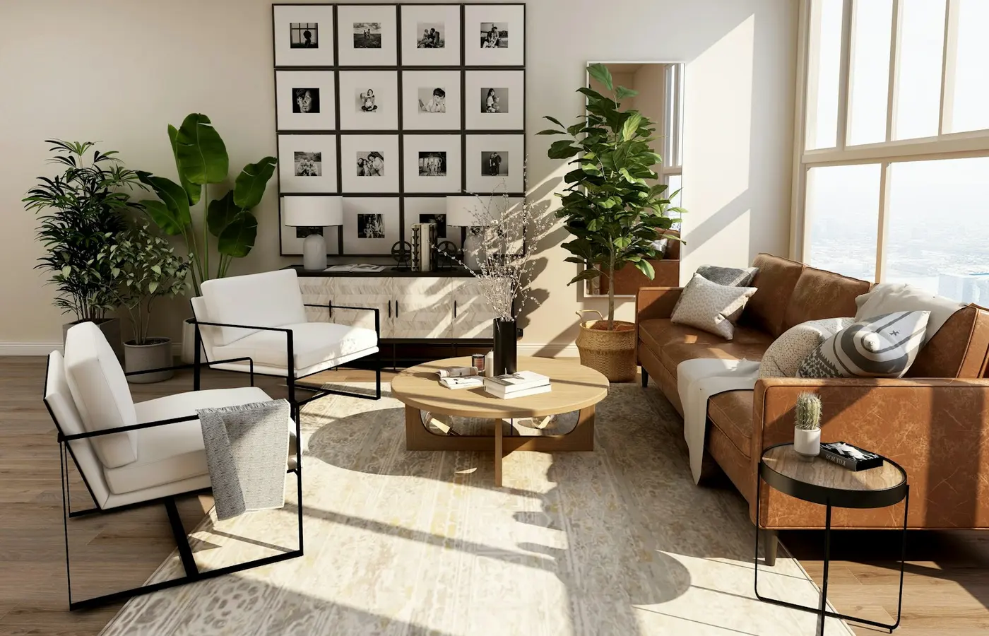 Cuisine lumineuse d’un logement, avec îlot et chaises